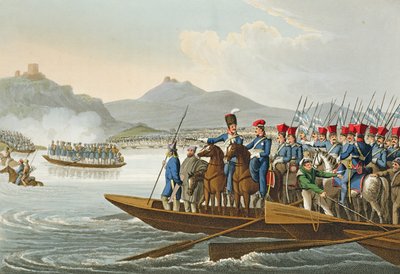 Die alliierte Armee überquert den Rhein, um Frankreich zu erobern, 1813, graviert von Matthew Dubourg aus 